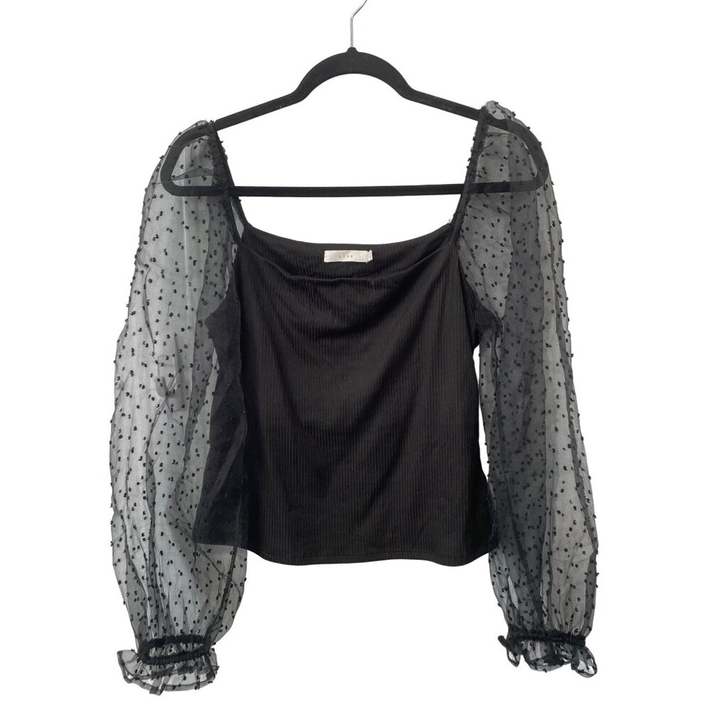 Lush Sheer Swiss Dot Puff Sleeve Ribbed Top Size Large Square Neck Dark Feminine